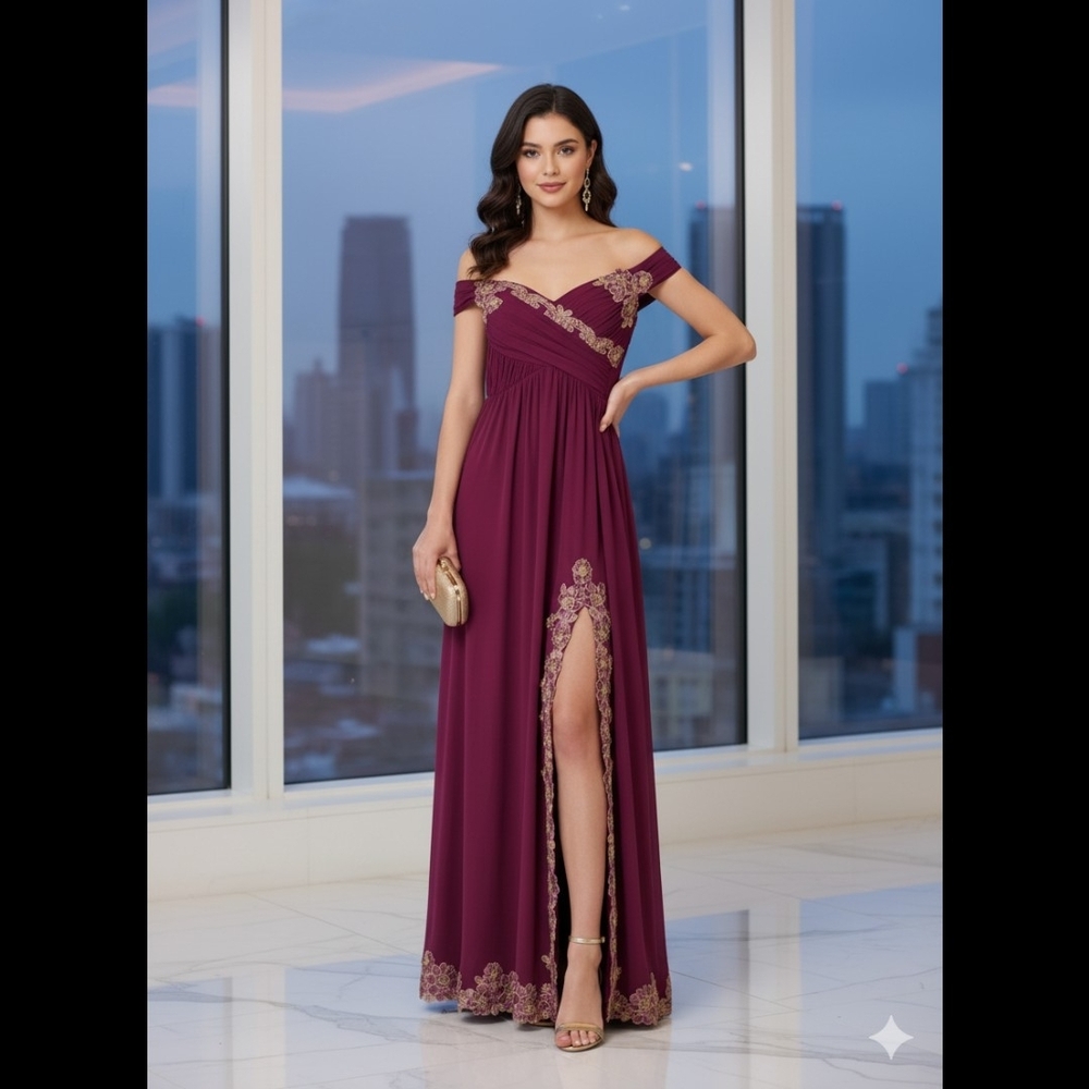 ASOS Elegant Off-Shoulder Burgundy Dress with Gold Accents XS